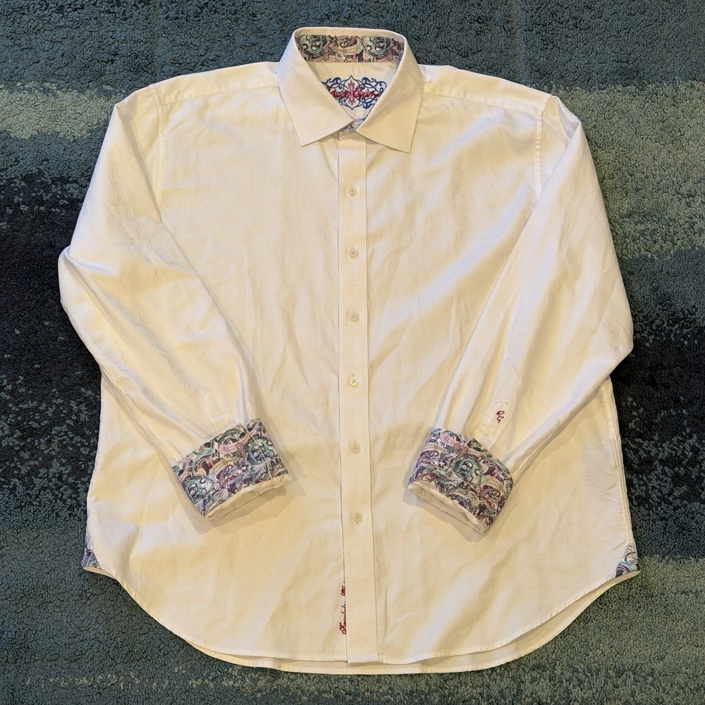 Robert Graham Tailored Fit Shirt Flip Cuff White Jacquard Paisley Men's XXL